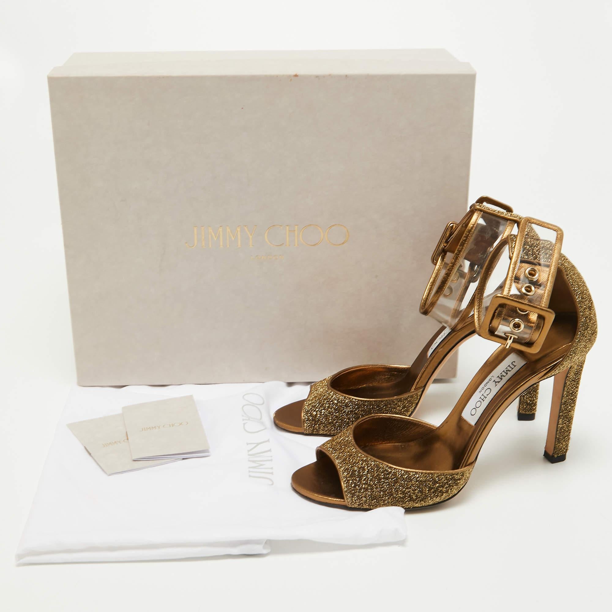 Jimmy Choo Metallic Lurex Fabric and PVC Moscow Ankle Strap Sandals Size 37.5 4