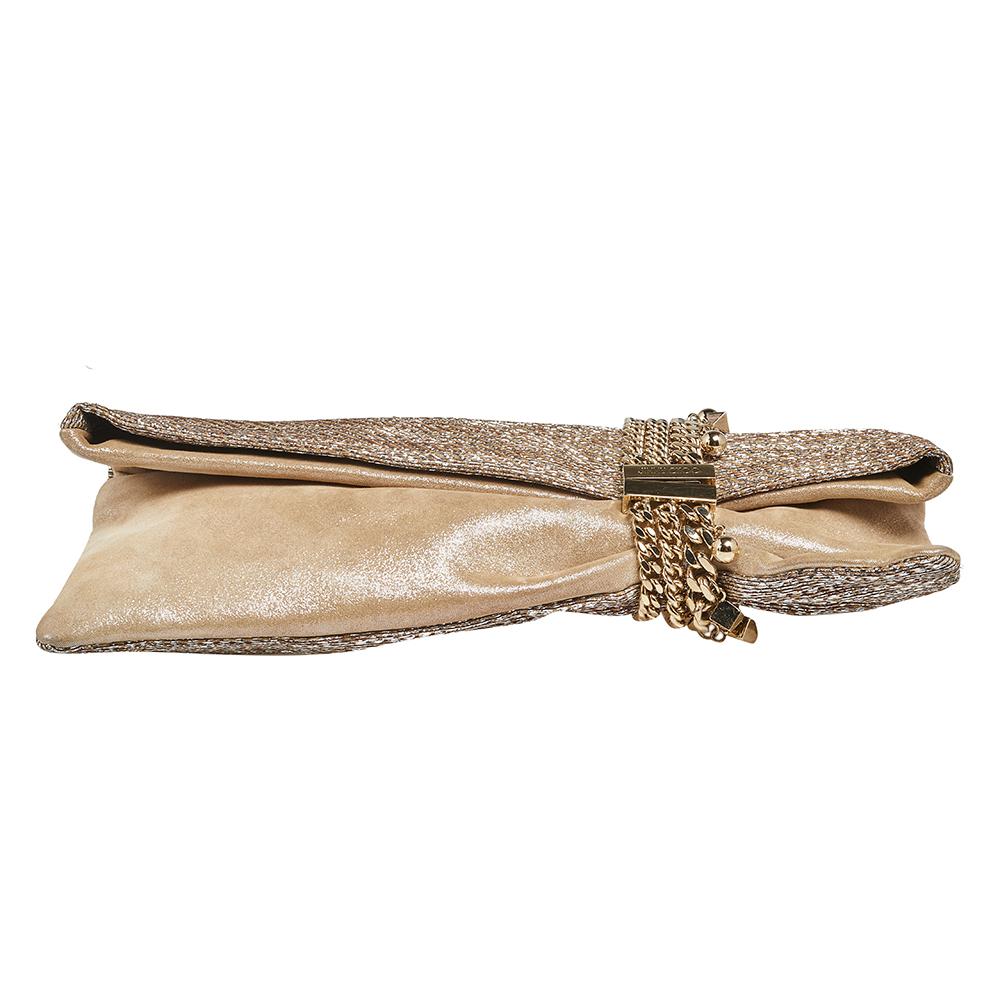 Brown Jimmy Choo Metallic Lurex Fabric and Suede Chandra Embellished Clutch