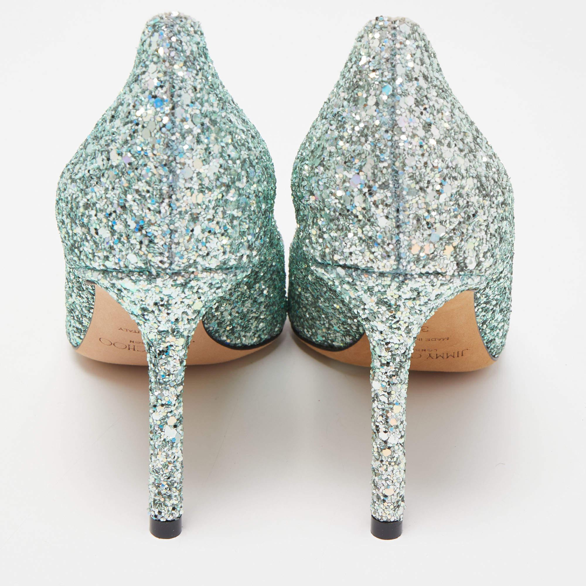 Jimmy Choo Metallic Mint Glitter Romy Pumps Size 37 In Excellent Condition In Dubai, Al Qouz 2