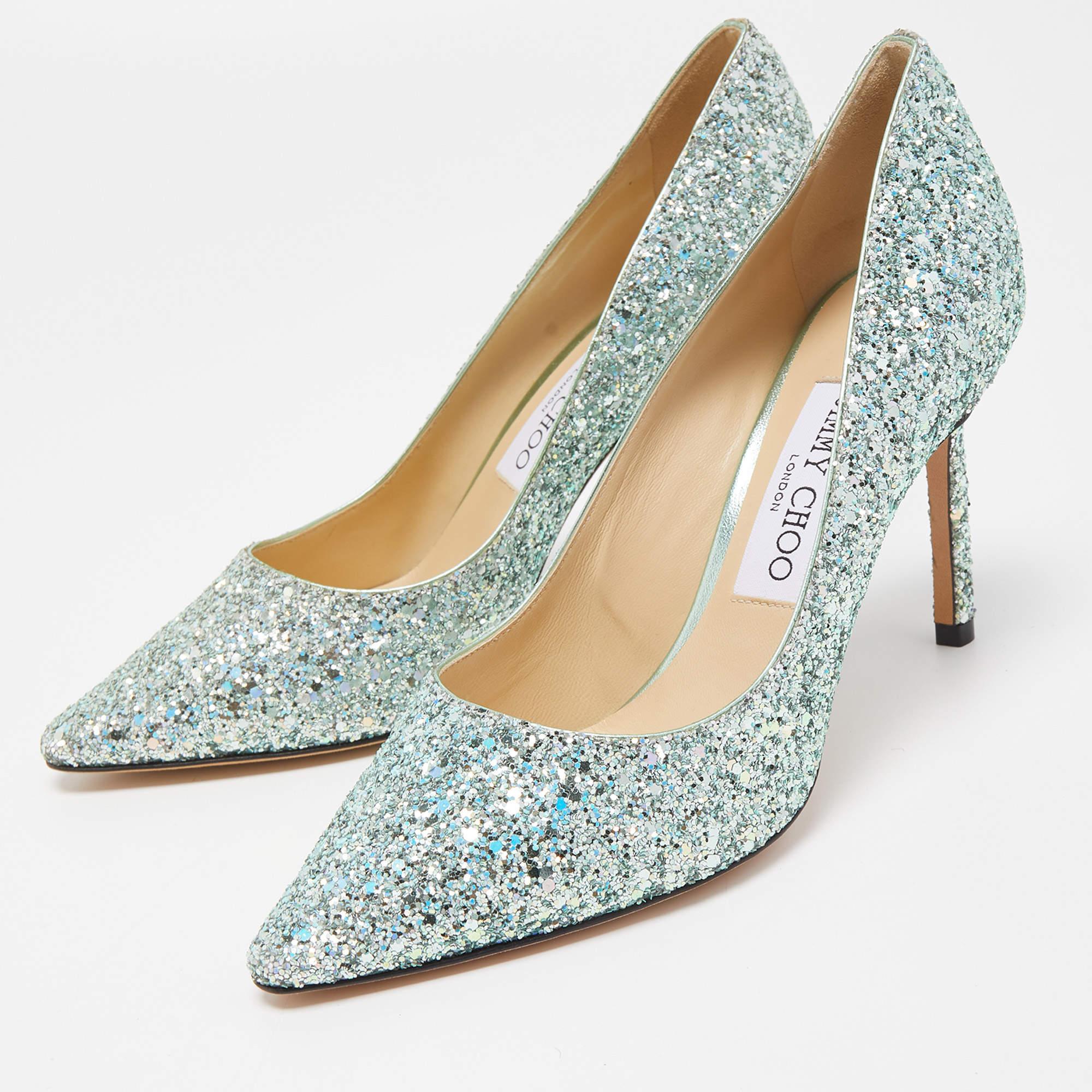 Women's Jimmy Choo Metallic Mint Glitter Romy Pumps Size 37