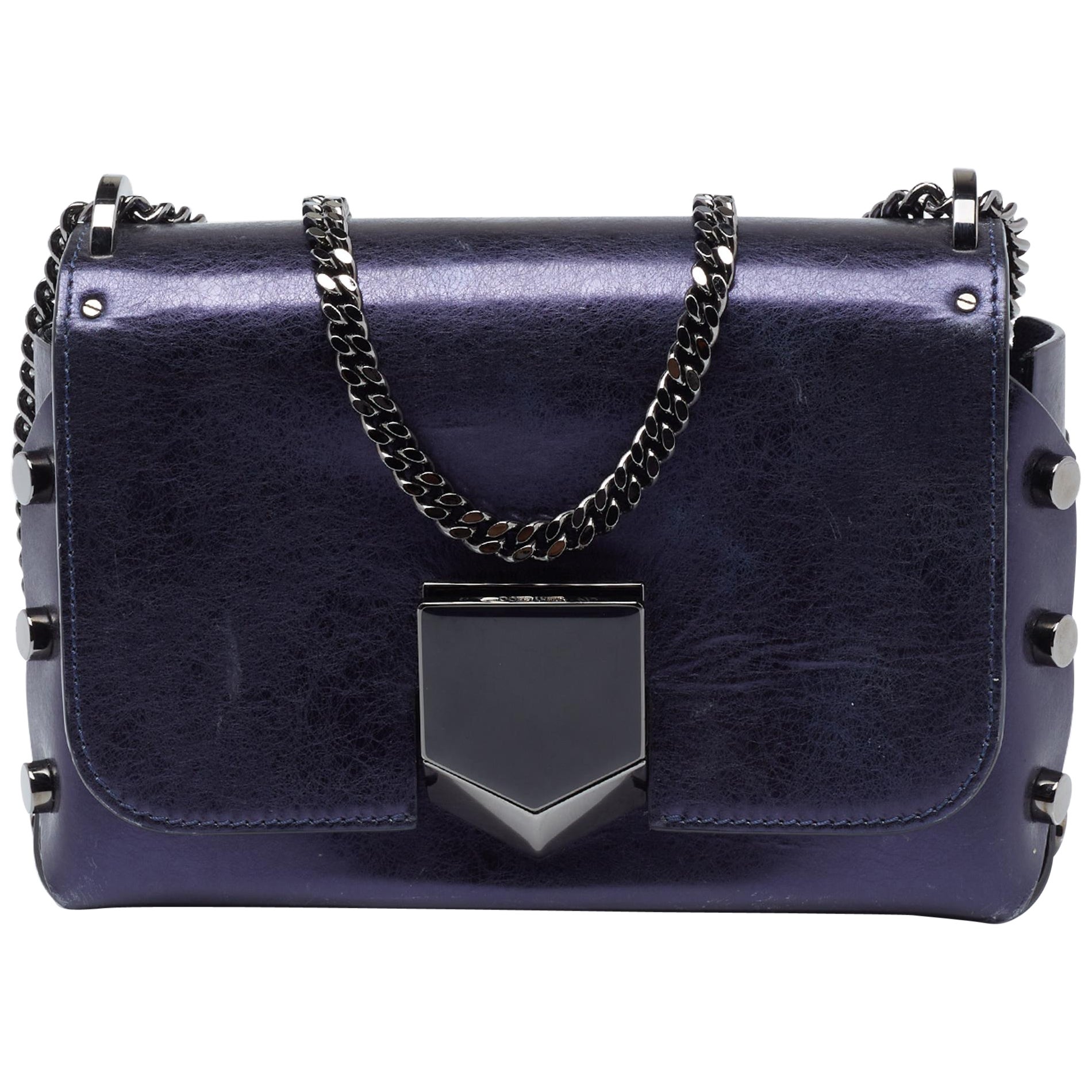Jimmy Choo Metallic Navy Blue Leather Lockett City Shoulder Bag