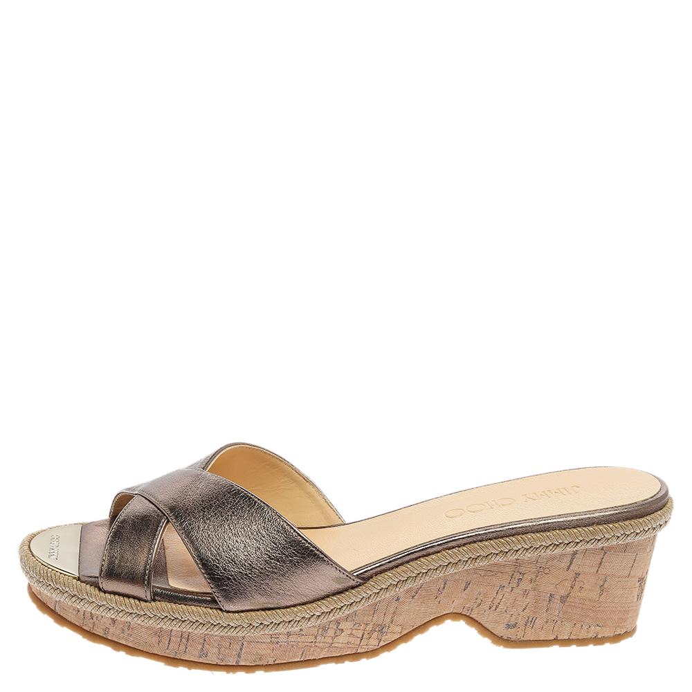 Jimmy Choo Metallic Olivgrün Leder Prima Kork Keil Slide Sandalen Größe 38 Damen