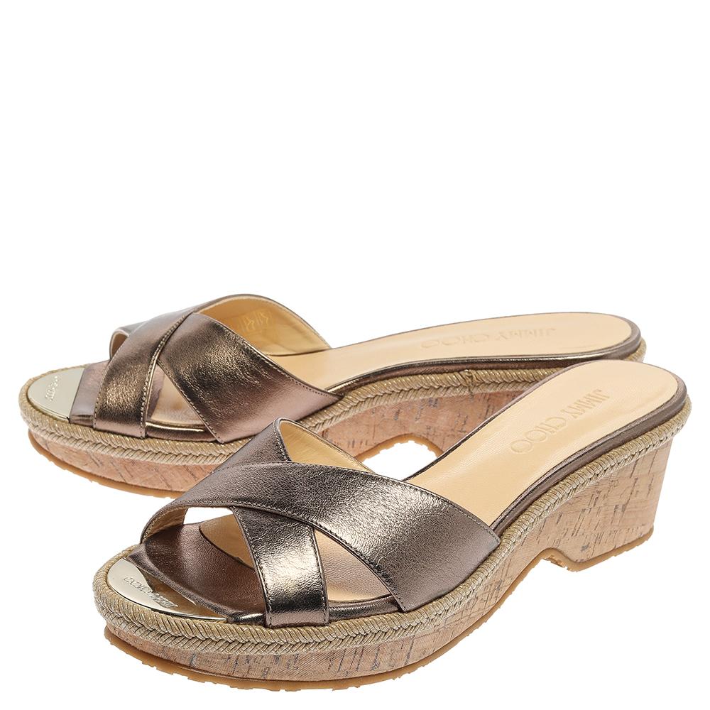 Jimmy Choo Metallic Olivgrün Leder Prima Kork Keil Slide Sandalen Größe 38 2