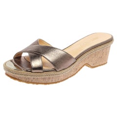 Jimmy Choo Metallic Olive Green Leather Prima Cork Wedge Slide Sandals Size 38
