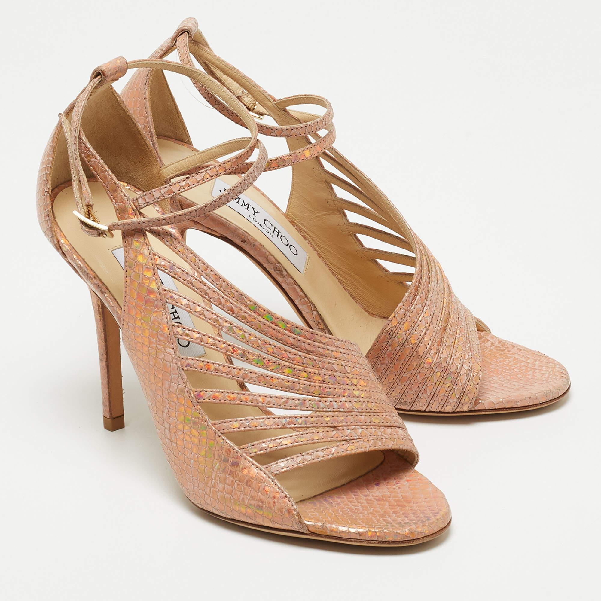 Brown Jimmy Choo Metallic Pink Embossed Leather Strappy Open Toe Ankle Strap Sandals S