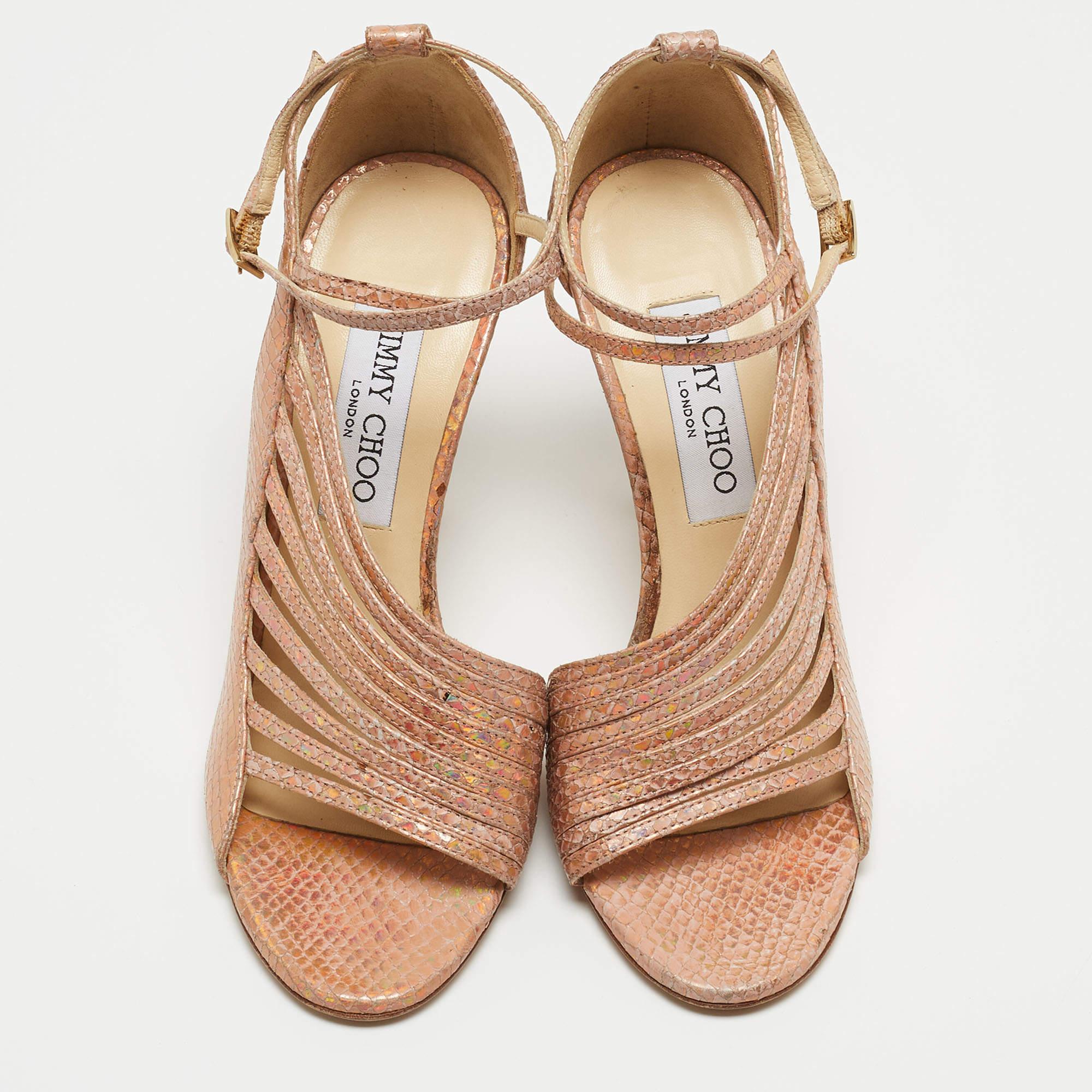 Jimmy Choo Metallic Pink Embossed Leather Strappy Open Toe Ankle Strap Sandals S In Excellent Condition In Dubai, Al Qouz 2