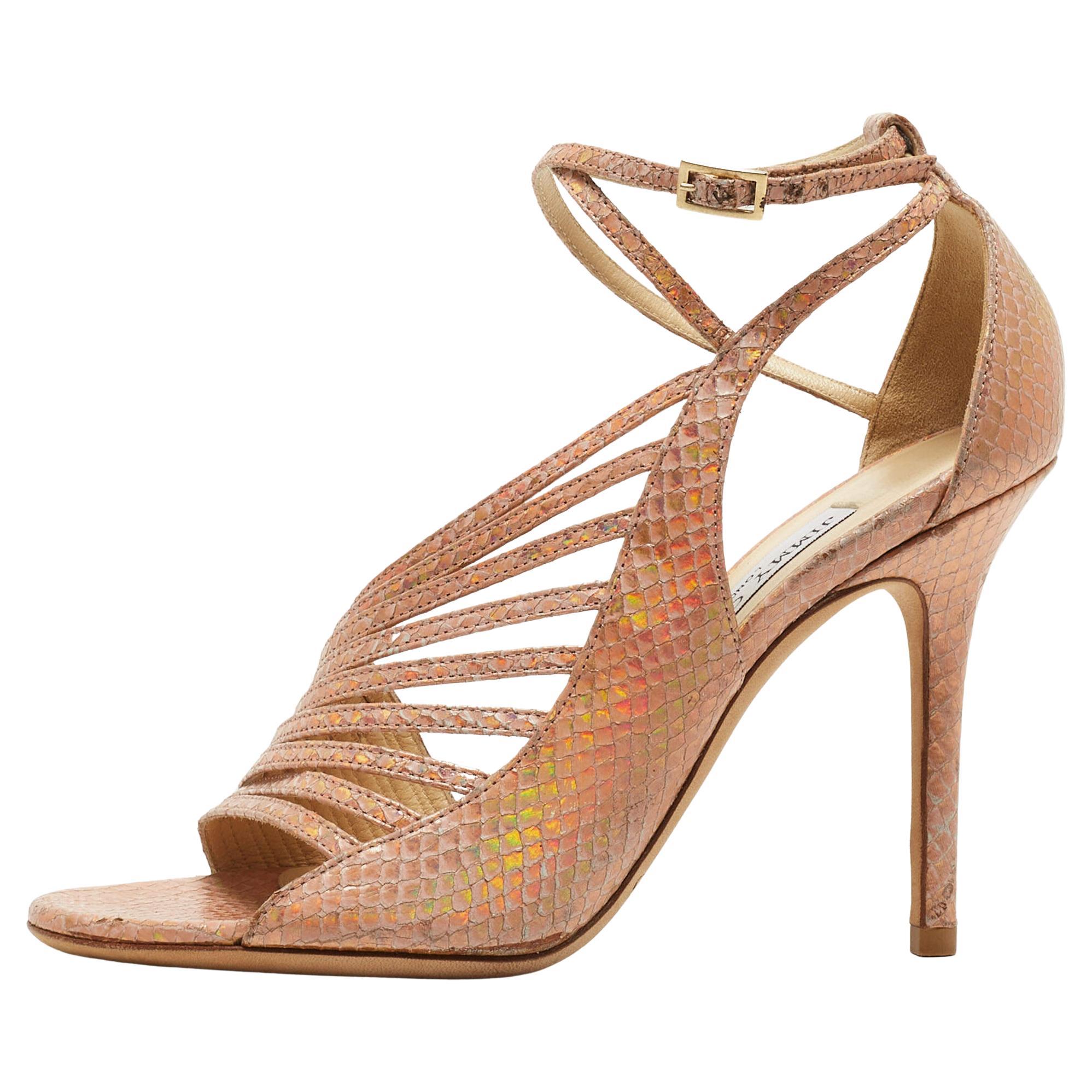 Jimmy Choo Metallic Pink Embossed Leather Strappy Open Toe Ankle Strap Sandals S