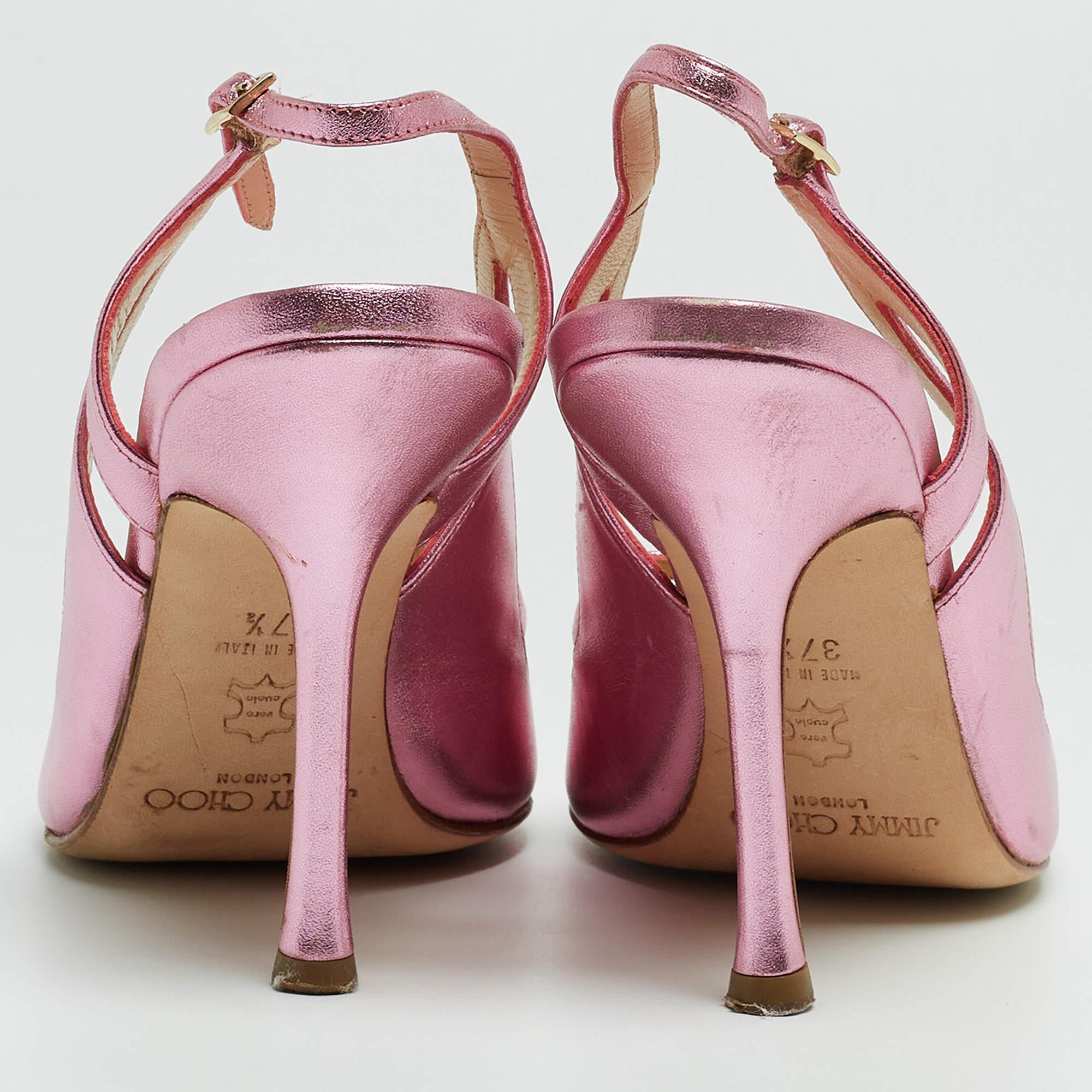 Jimmy Choo Metallic Pink Leather Slingback Sandals Size 37.5 In Good Condition In Dubai, Al Qouz 2