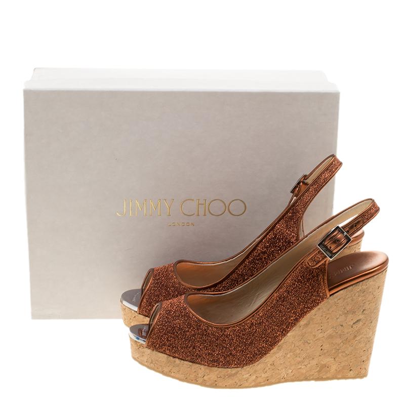 Jimmy Choo Metallic Pop Orange Lurex Prova Slingback Cork Wedge Sandals Size 40 4