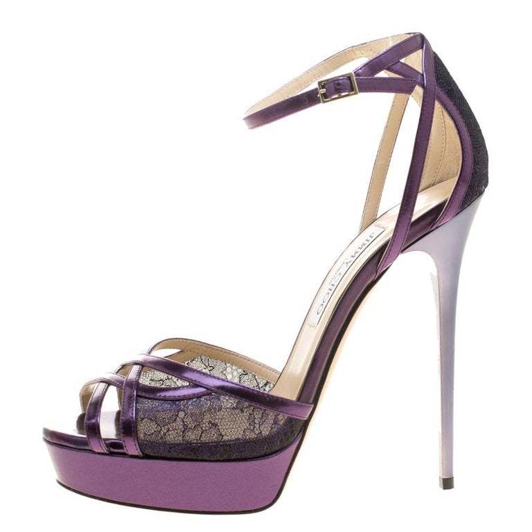 Jimmy Choo Metallic Purple Leather and Lace Laurita Ankle Strap Sandals ...