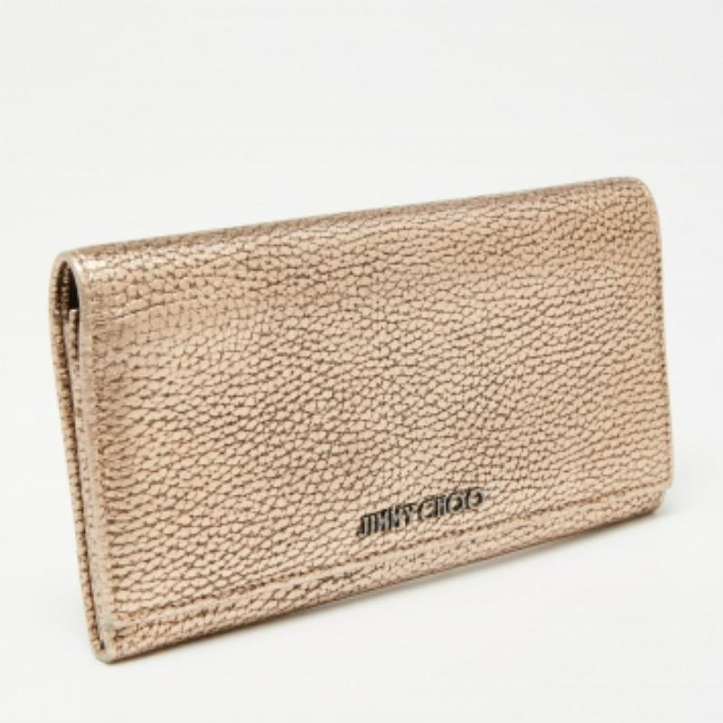 Jimmy Choo Metallic Rose Gold Leather Flap Continental Wallet For Sale 5