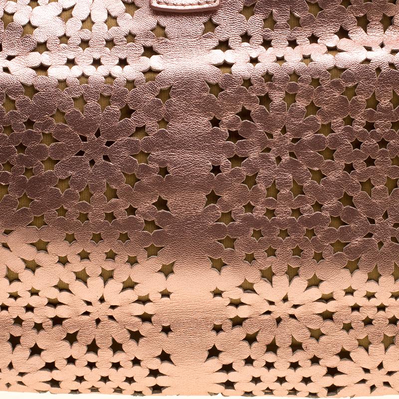Jimmy Choo Metallic Rose Gold Leather Laser Cut Out Open Tote For Sale 1