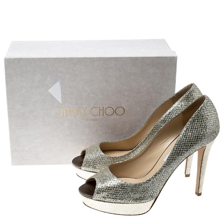 Jimmy Choo Metallic Silver Glitter Fabric Dahlia Platform Peep Toe ...