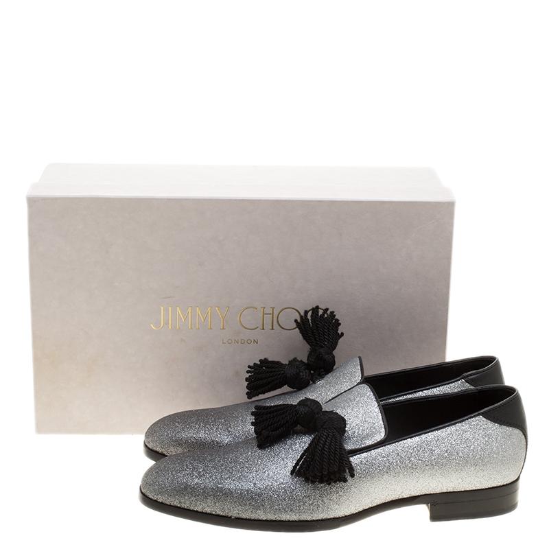 Jimmy Choo Metallic Silver Glitter Foxley Tassel Loafers Size 43 2