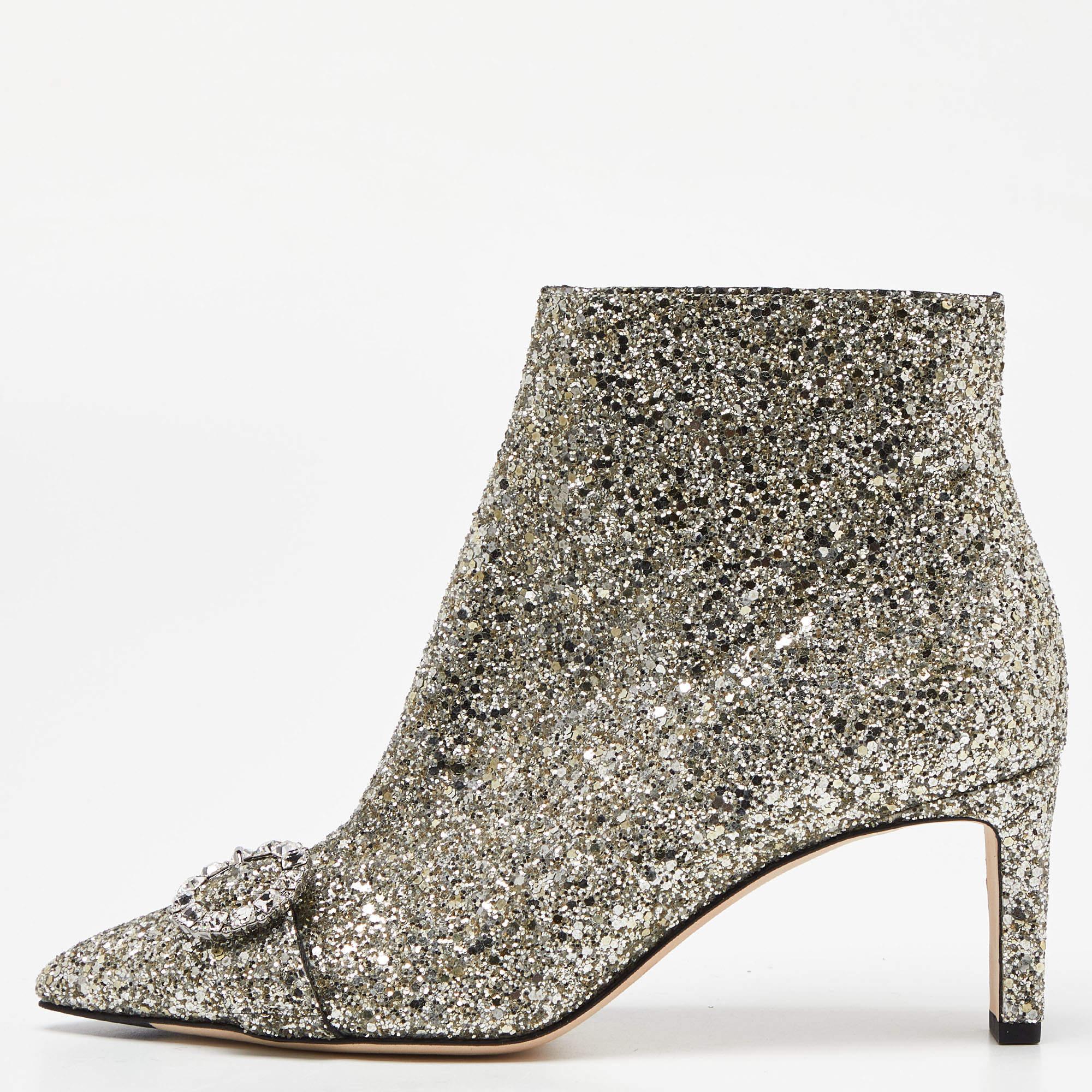 Jimmy Choo Metallic Silver Glitter Hanover Crystal Embellished Pointed Toe Booti For Sale 5