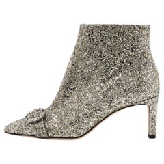 Used Jimmy Choo Metallic Silver Glitter Hanover Crystal Embellished Pointed Toe Booti