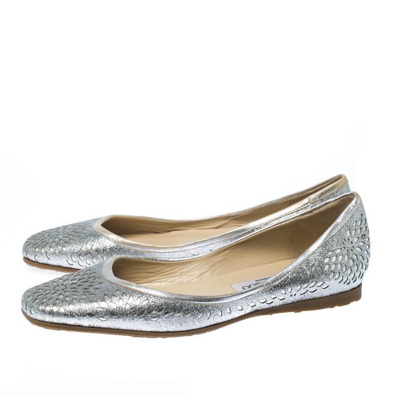 Women's Jimmy Choo Metallic Silver Glitter Lazer Cut Leather Ballet Flats Size 39.5