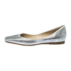 Jimmy Choo Metallic Silver Glitter Lazer Cut Leather Ballet Flats Size 39.5