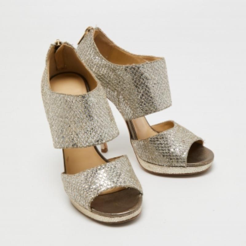 Women's Jimmy Choo Metallic Silver Glitter Private Platform Sandals Size 37 For Sale