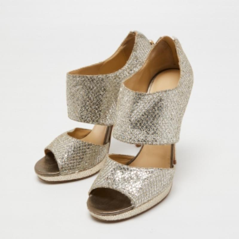 Jimmy Choo Metallic Silver Glitter Private Platform Sandals Size 37 For Sale 3