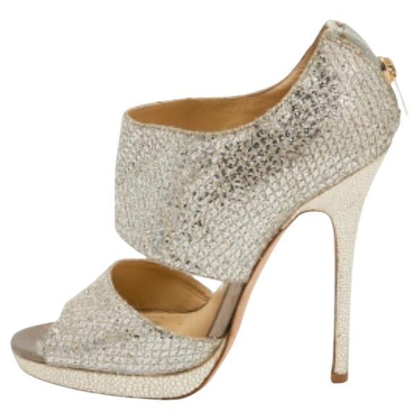 Jimmy Choo Metallic Silver Glitter Private Platform Sandals Size 37 For Sale