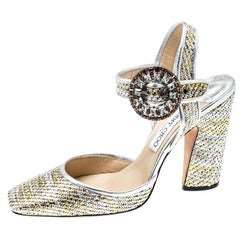 Jimmy Choo Metallic Silver/Gold Woven Crystal Buckle Block Heel Sandals Size 40