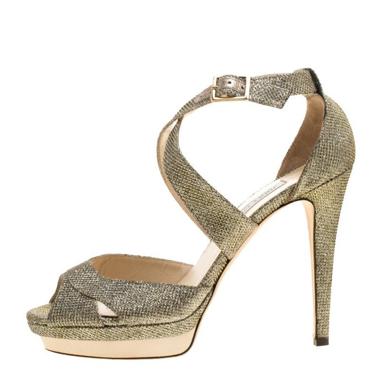 Jimmy Choo Metallic Silver Lamé Glitter Fabric Kuki Platform Sandals ...