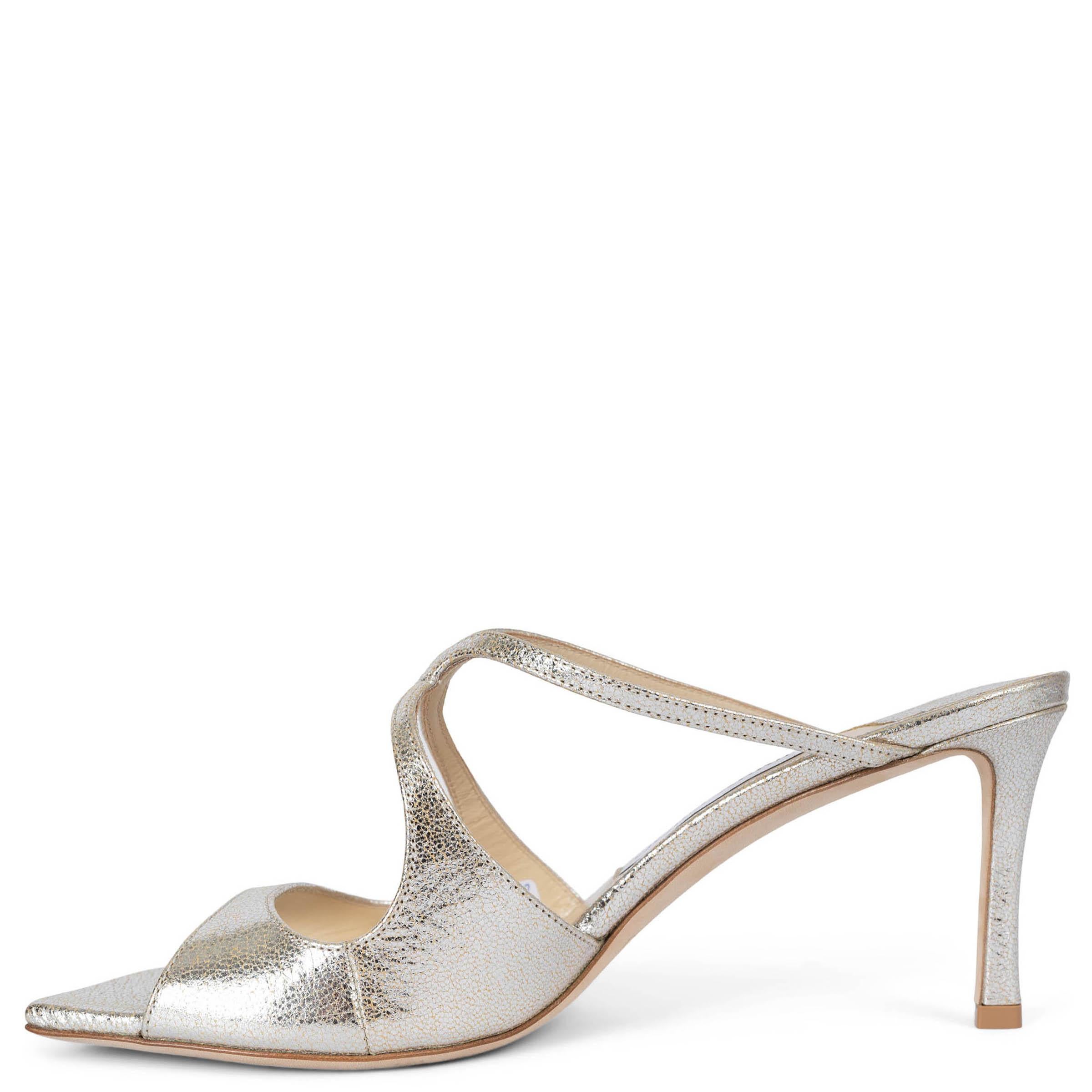Beige JIMMY CHOO metallic silver leather ANISE MULES 75 Sandals Shoes 38