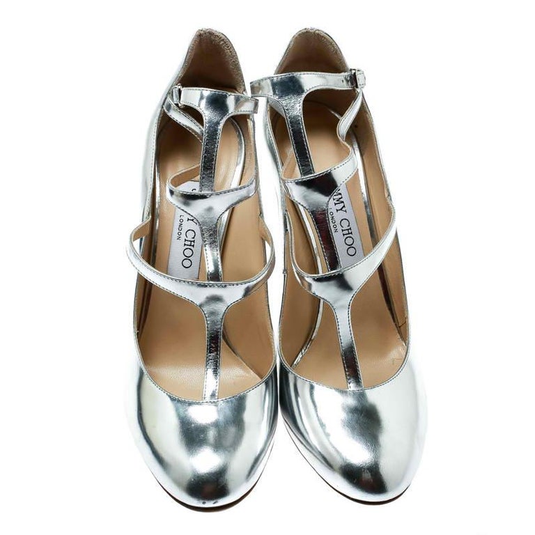 Jimmy Choo Metallic Silver Leather Doll Caged Round Toe Pumps Size 40 ...