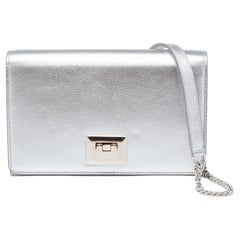 Jimmy Choo Metallic Silver Leather Mini Davine Chain Clutch