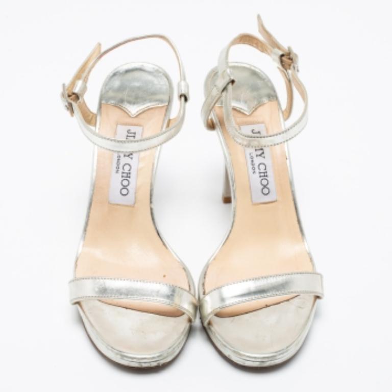 Jimmy Choo Metallic Silver Leather Minny Ankle Strap Sandals Size 37 For Sale 2