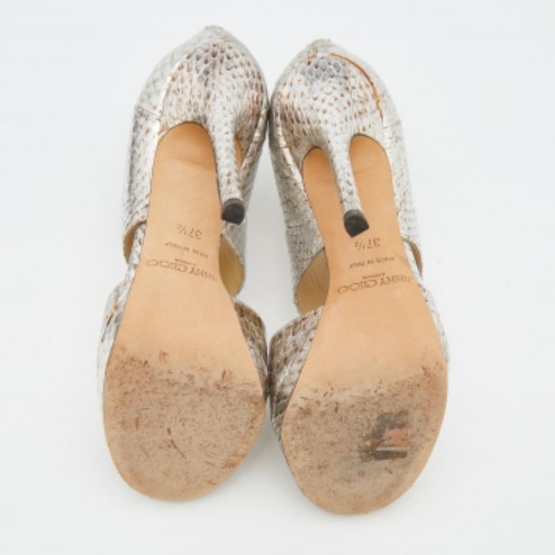 Jimmy Choo Bombas plateadas de piel de pitón con puntera abierta talla 37.5 en venta 2