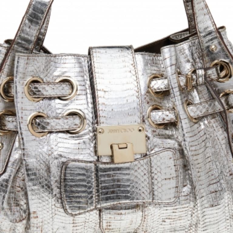 Jimmy Choo Tote Riki in argento metallizzato e serpente d'acqua 5
