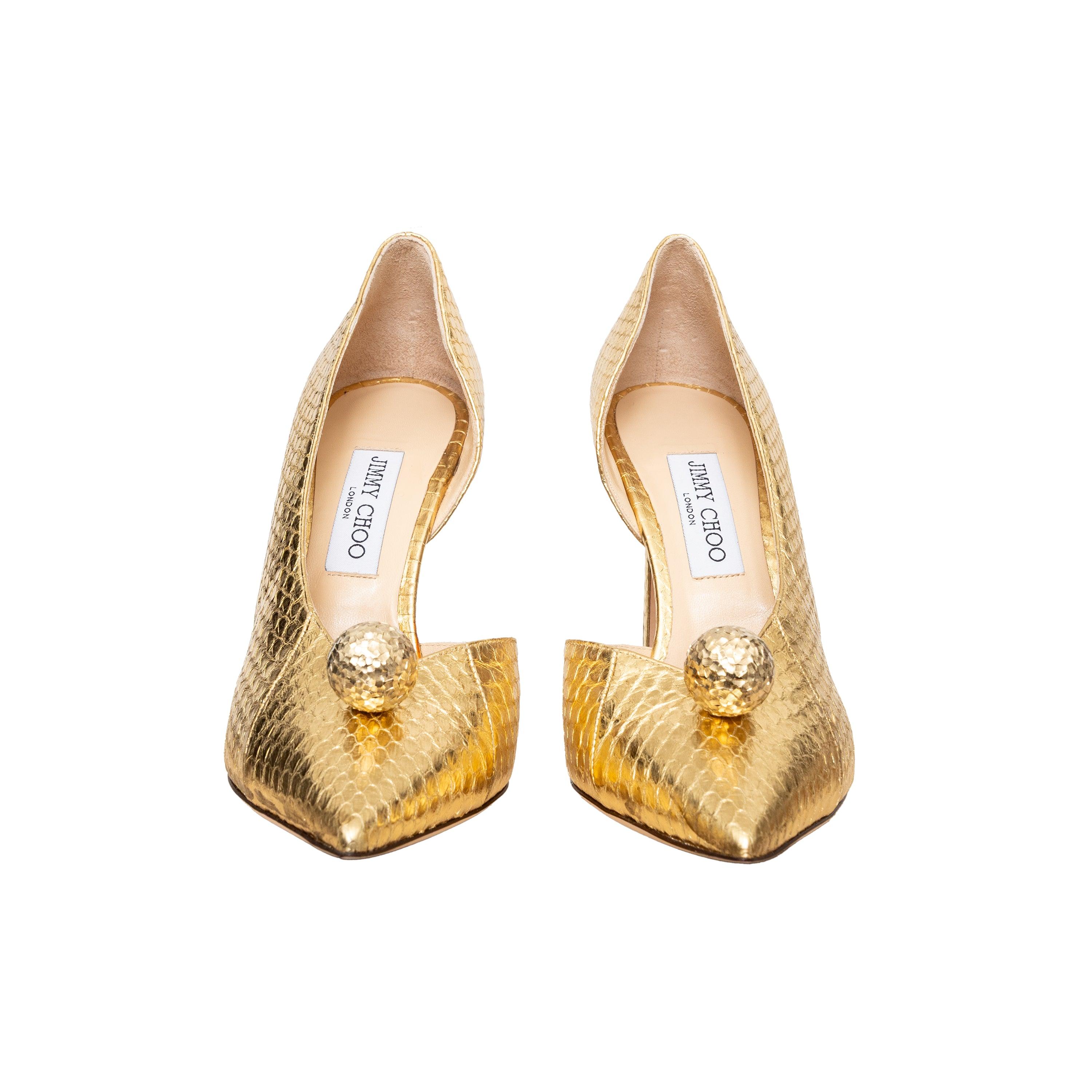Beige Escarpins orb en peau de serpent métallisée Jimmy Choo, années 10 en vente