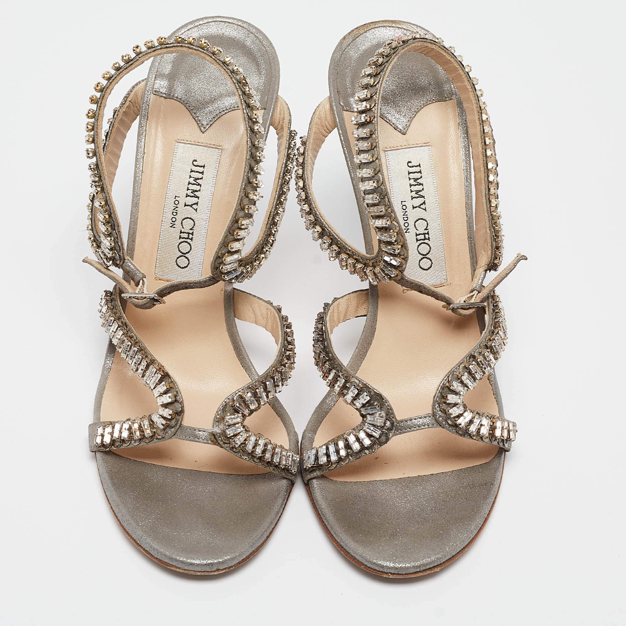 Marron Jimmy Choo - Sandales ange en daim texturé métallisé ornées de cristaux, taille 39 en vente