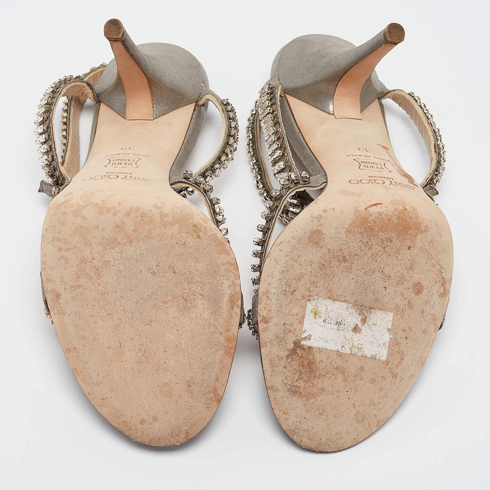 Jimmy Choo - Sandales ange en daim texturé métallisé ornées de cristaux, taille 39 en vente 1