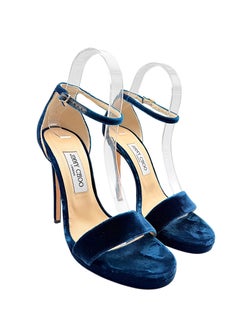 Jimmy Choo Misty 120 Teal Blue Velvet Platform Stiletto Sandals, Size 39