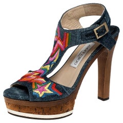 Jimmy Choo Multicolor Denim Ankle Strap Platform Sandals Size 38