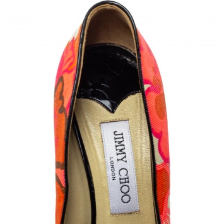 Women's Jimmy Choo Multicolor Floral Print Canvas Bow Peep Toe Pumps Size 40 For Sale