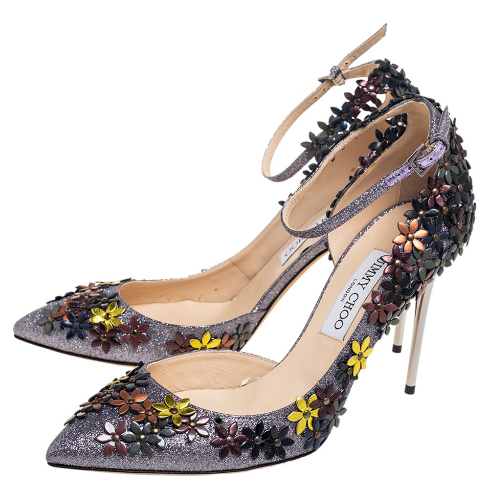 Jimmy Choo Multicolor Glitter Leather Floral Lorelai Ankle Strap Pumps Size 40.5 2