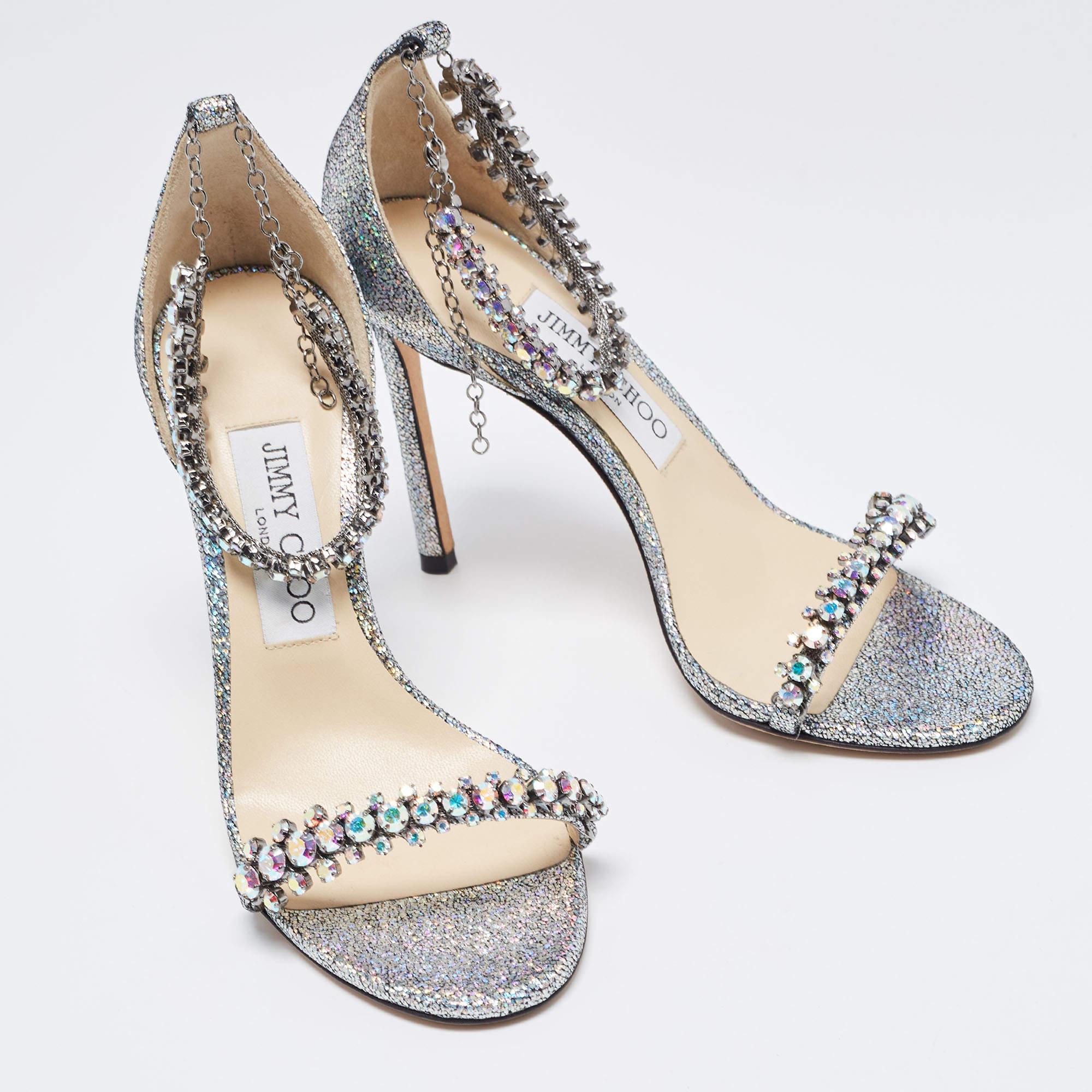 Jimmy Choo Multicolor Glitter Suede Shiloh Crystal Cuff Sandals Size 36 In Excellent Condition For Sale In Dubai, Al Qouz 2