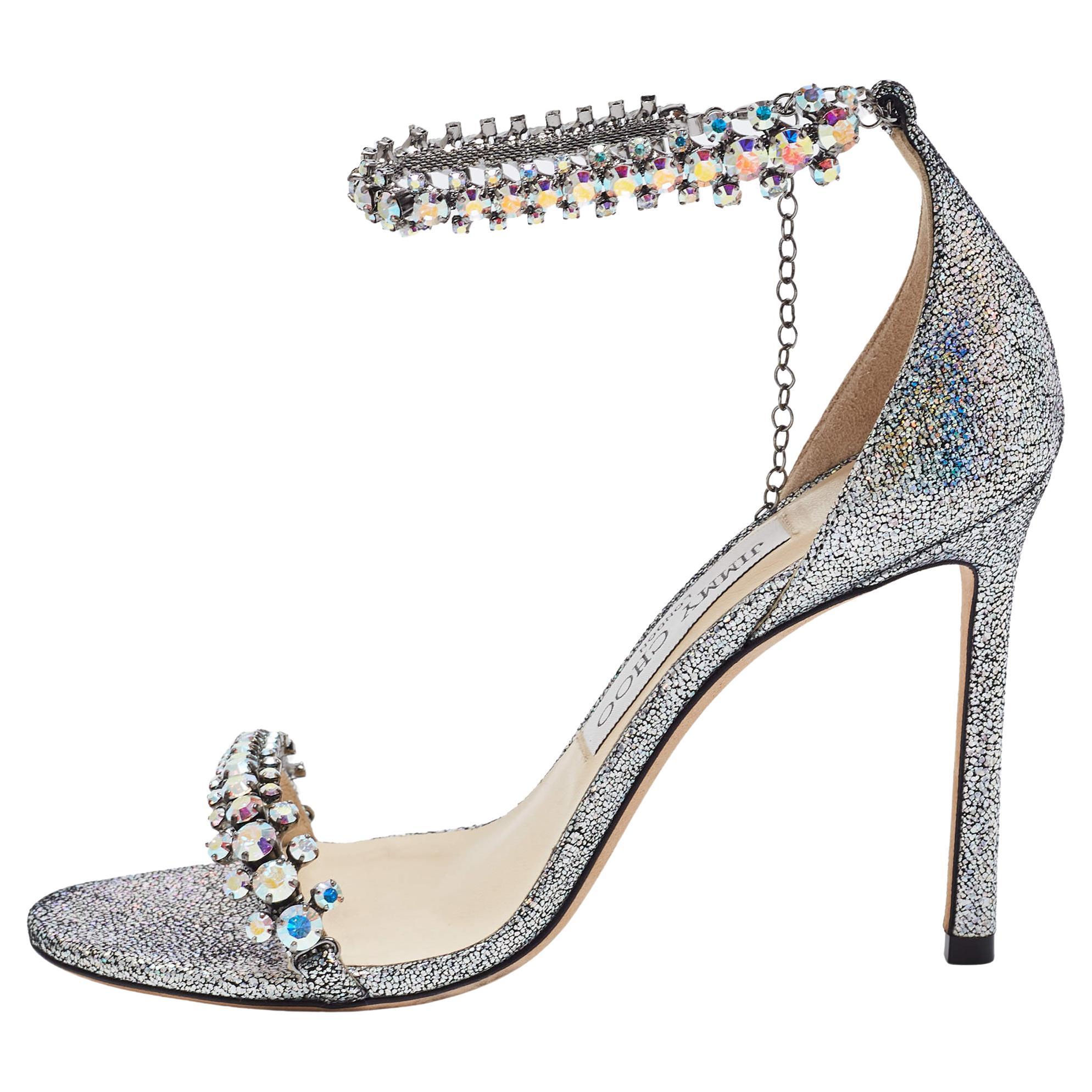 Jimmy Choo Multicolor Glitter Suede Shiloh Crystal Cuff Sandals Size 36 For Sale