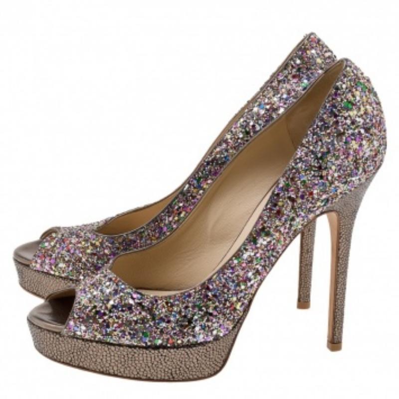 Jimmy Choo Multicolor Glitter Vibe Peep Toe Plateau Pumps Größe 38,5 (Grau) im Angebot