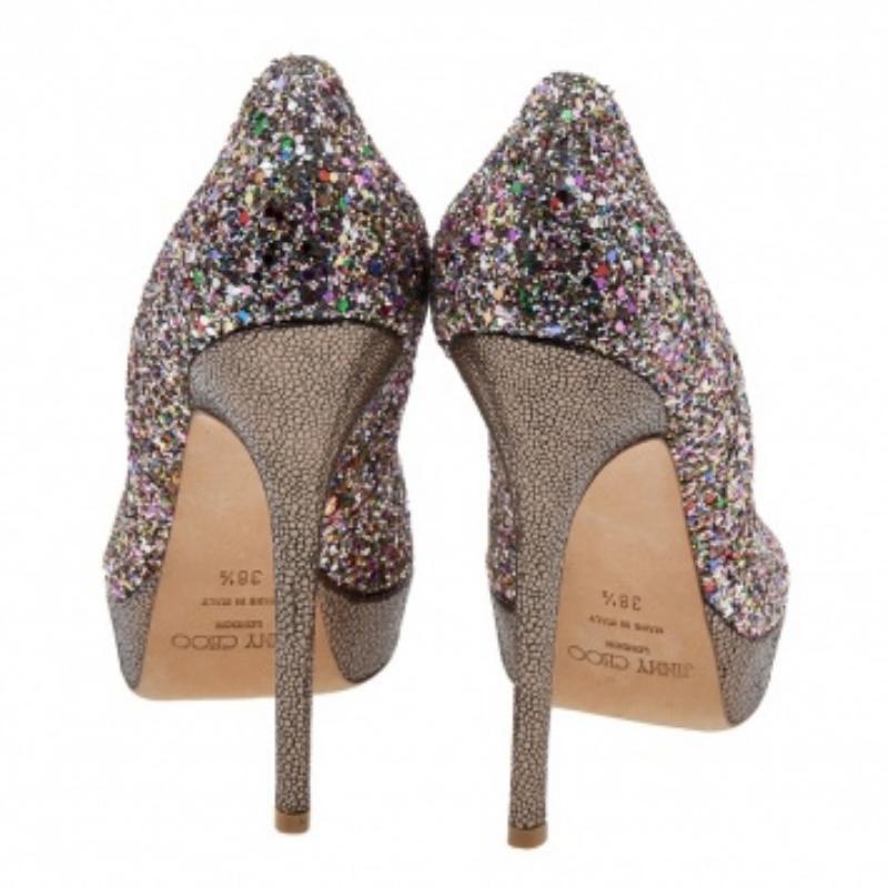 Jimmy Choo Multicolor Glitter Vibe Peep Toe Plateau Pumps Größe 38,5 Damen im Angebot