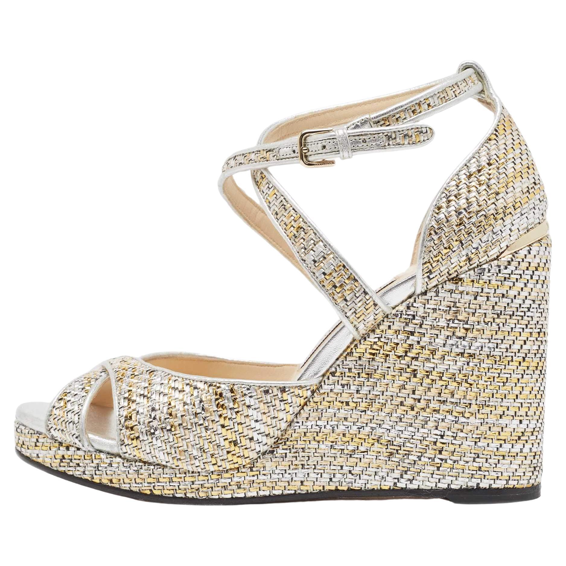 Jimmy Choo Multicolor Leather and Woven Wedge Ankle Strap Sandals Size 40 For Sale