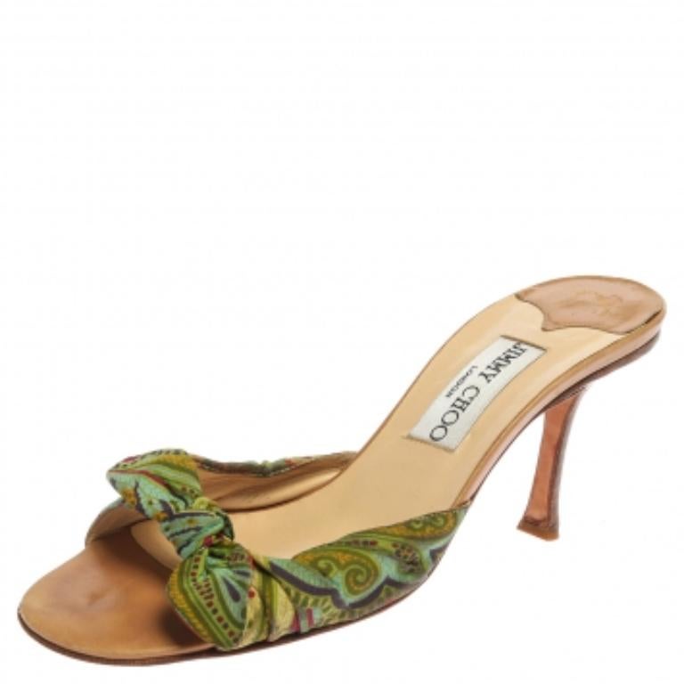 Women's Jimmy Choo Multicolor Printed Satin Knot Slide Sandals Size 38 For Sale