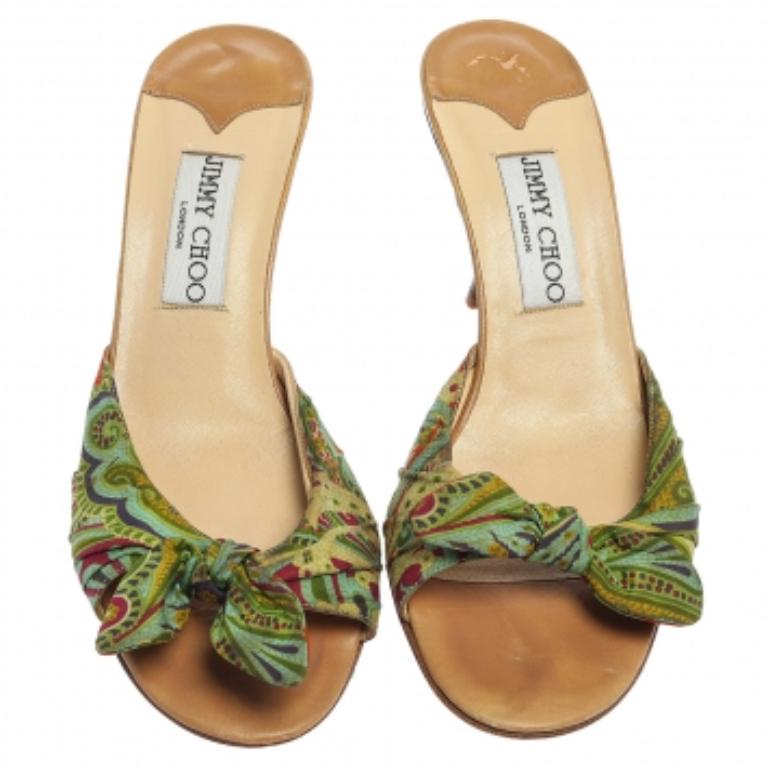 Jimmy Choo Multicolor Printed Satin Knot Slide Sandals Size 38 For Sale 1