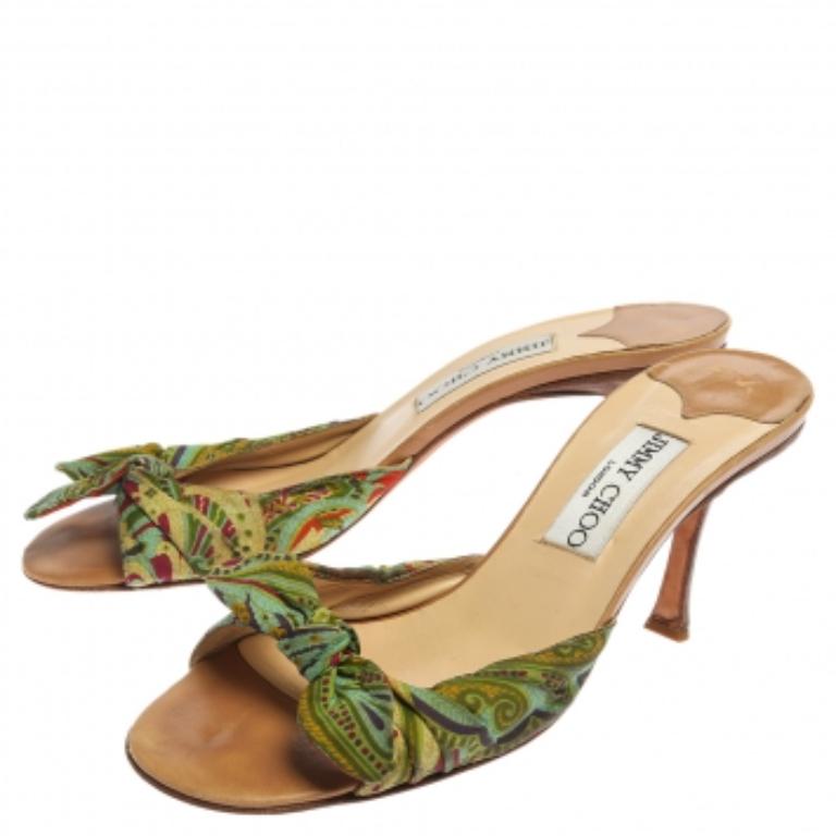 Jimmy Choo Multicolor Printed Satin Knot Slide Sandals Size 38 For Sale 2