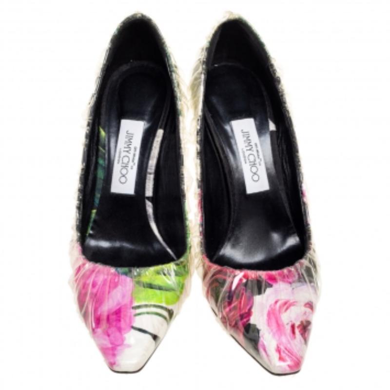 Women's Jimmy Choo Multicolor PVC And Satin  Floral Jacquard Pumps Size 39 For Sale
