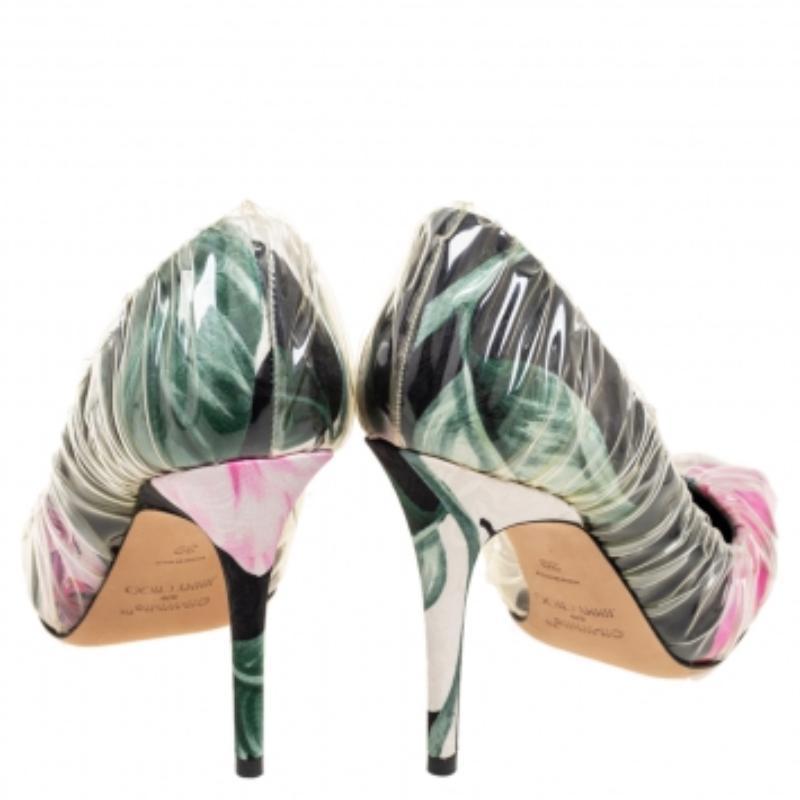 Jimmy Choo Multicolor PVC And Satin  Floral Jacquard Pumps Size 39 For Sale 1
